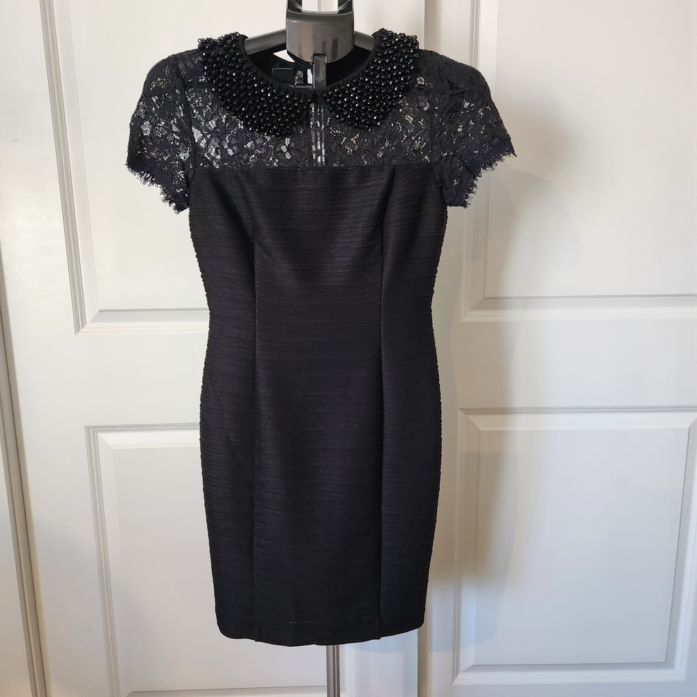 Maeve Black Lace Beaded Collar Short Sleeve Bodycon Sheath Dress